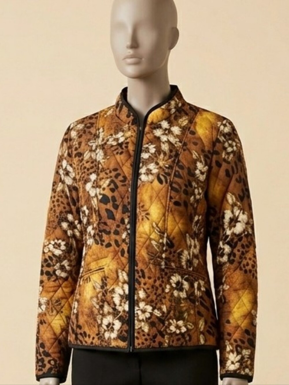 RQT Quilted Jacket M Brown Animal Print Floral Lightweight Zip Front Coat Size L